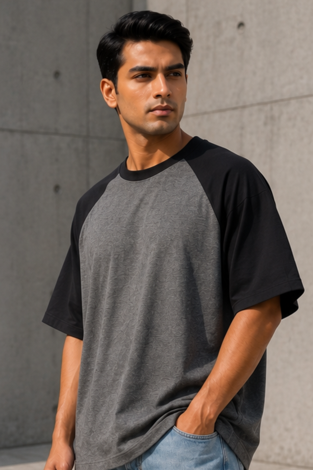 Black Charcoal Melange Oversized Raglan T-Shirt