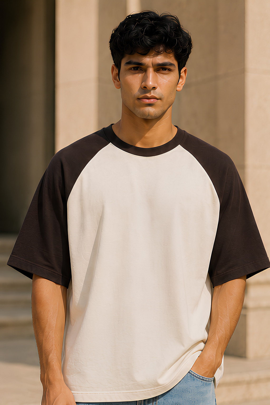 Coffee Brown Off White Oversized Raglan T-Shirt